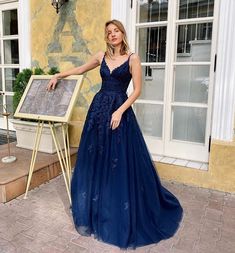 Charming Navy Blue V Neck Lace Tulle Prom Dress,Spaghetti Straps A Line Evening Dress,Formal Dress  cg7237