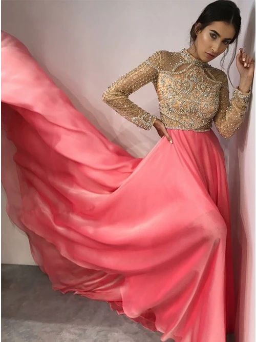 Fancy High Neck Long Sleeves Pink Prom Evening Dress with Beading   cg7247