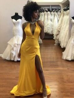 Sexy Yellow Satin Beaded Halter V-neck Thigh-high Slit Floor Length Prom Dress  cg7251