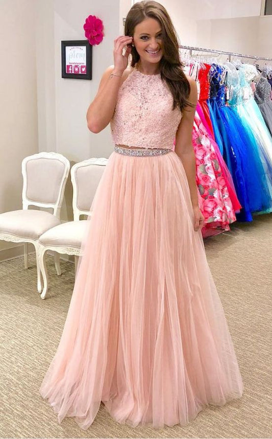 Charming 2 Piece Applique Tulle Long Prom Dress,Beaded Prom Dress,A Line Prom Dress,Floor Length Prom Dress Plus Size  cg7253