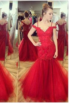 2020 Gorgeous Red Appliques Floor-Length/Long Mermaid/Trumpet Tulle Prom Dresses  cg7257