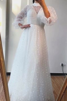 A-line High Neck Long Sleeves White Long Prom Dresses Formal Gowns   cg7259