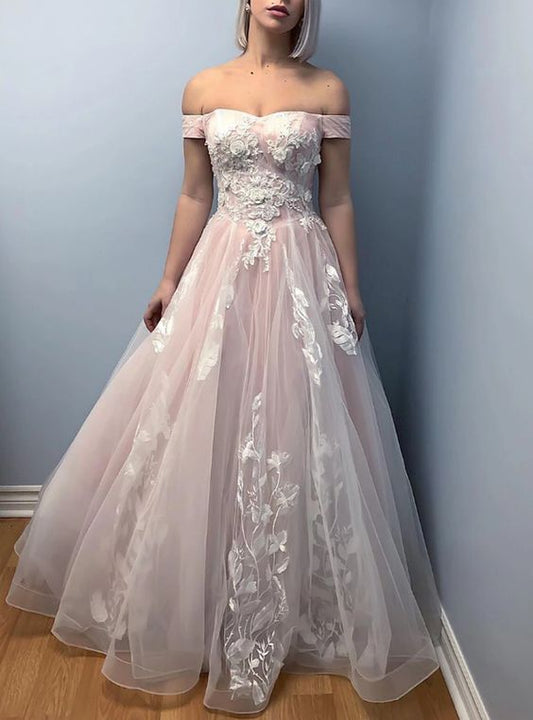 A-Line Pink Tulle Off the Shoulder Appliques Prom Dress  cg7261
