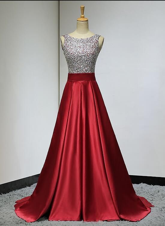 Red Sequins Beaded Backless Long Formal Dress, Red Party prom Dress  cg7290