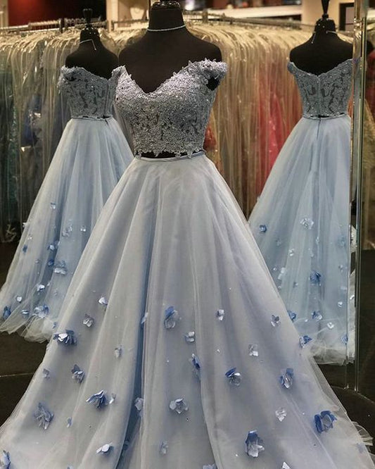 Lace and Tulle Two Piece Prom Dresses,Light Sky Blue   cg7296
