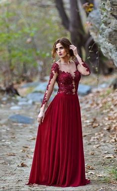 Burgundy party gowns,Lace Appliques evening dress, Long Sleeve Prom Dress, Sexy ball gowns  cg7313