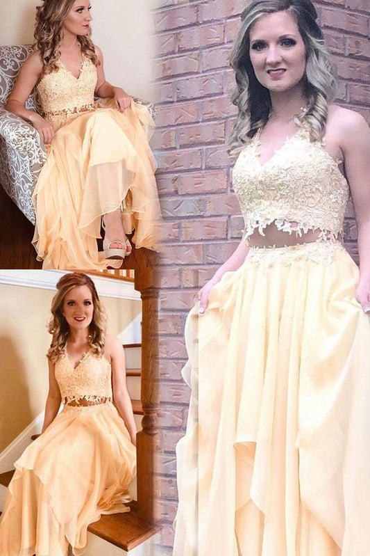 V Neck Two Piece Yellow Long Prom Dress  cg7327