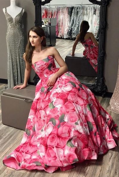 Elegant A-Line Strapless Floral Print Long Prom Dresses,Evening party Dresses  cg7335