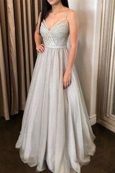 Sparkle Silver Tulle Long Prom Dress with Straps  cg7336