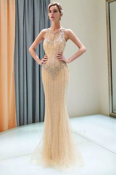 Mermaid Sleeveless Beading Gold Floor Length Prom Dress  cg7338