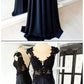 See Through A-Line Black Satin Cap Sleeves Round Neck Prom Dresses  cg7356