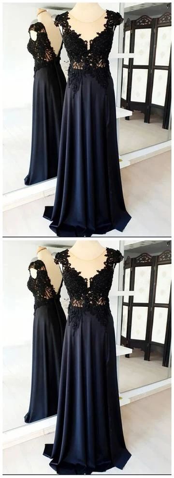 See Through A-Line Black Satin Cap Sleeves Round Neck Prom Dresses  cg7356