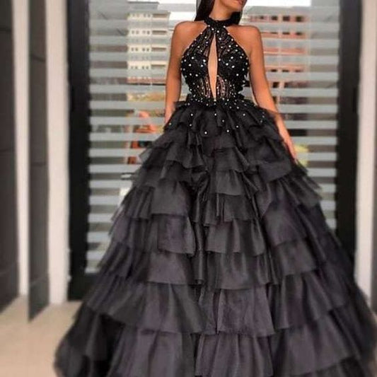 Black Prom Dress,Organza Prom Gown,Ball Gown Evening Dress,Halter Prom Gown  cg7363