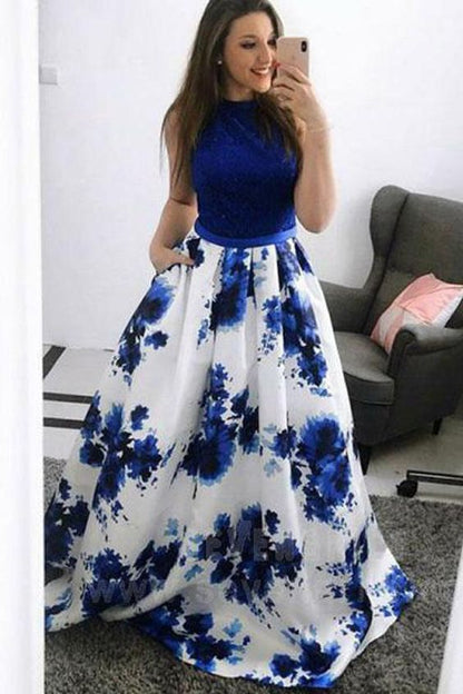 A-Line Jewel Blue Floral Long Prom Dress with Pockets Lace cg740