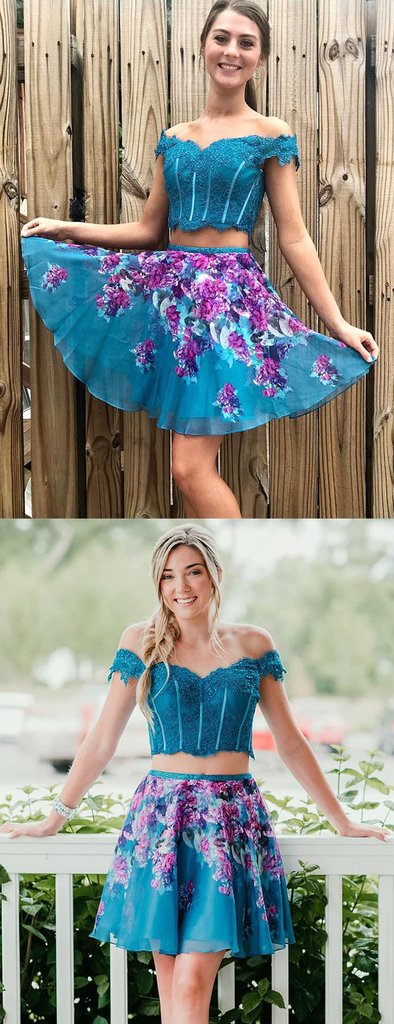 Turquoise Off Shoulder Beading Lace Floral Homecoming Dresses cg754