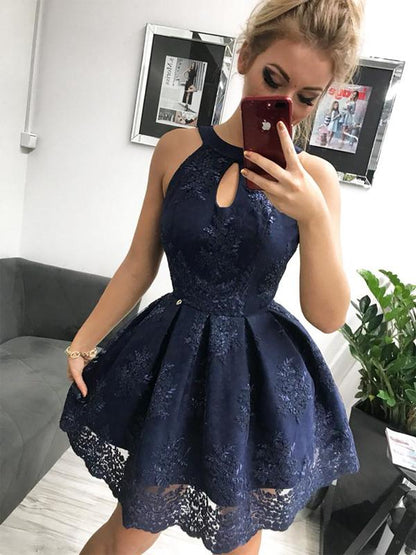 Navy Lace Halter Simple Party Dresses Homecoming Dresses cg755