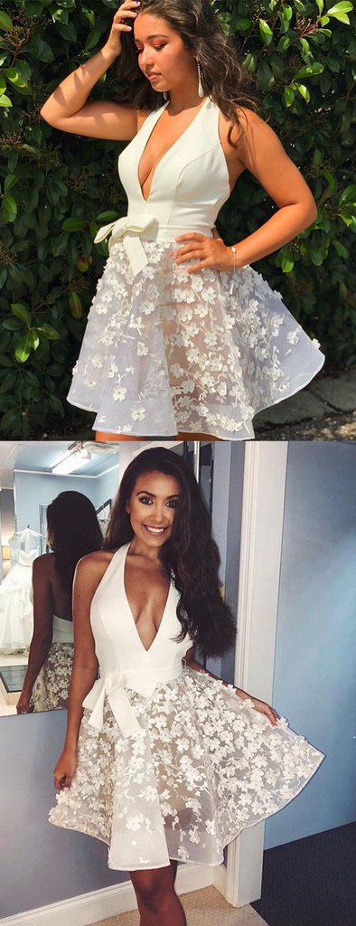 Ivory Lace Applique Illusion Halter Sexy Homecoming Dresses cg757
