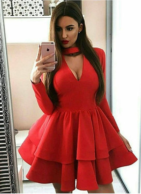 A-Line Long Sleeve Red Homecoming Dress with Ruffles cg768