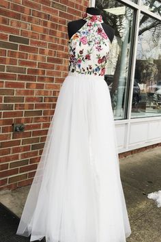 High Neck Two Piece Sky White Long Prom Dress with Embroidery  cg7733