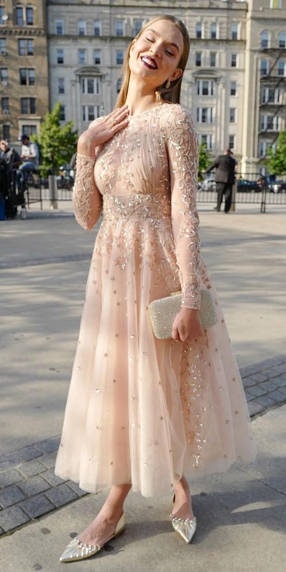 Designer tea length dresses with long sleeves sequins lace prom dress  cg7735
