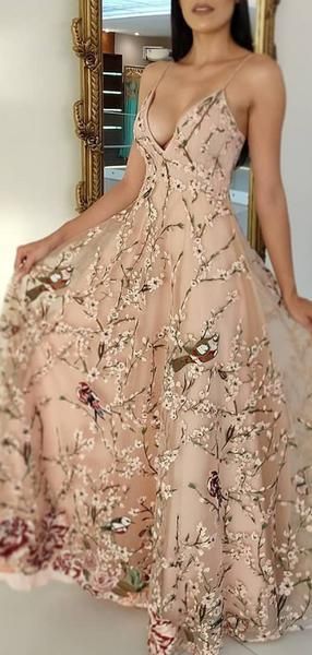 Custom Made Light Pink Floral Embroidery Spaghetti Strap A-Line Prom Dresses cg793