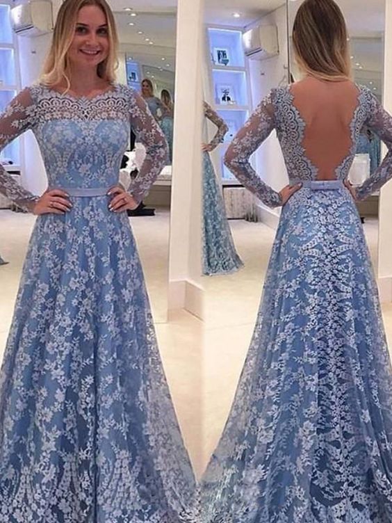 A-line prom dress, Lace Long Sleeve Flower Collar 2019 Long Prom Dress Evening Dress  cg797