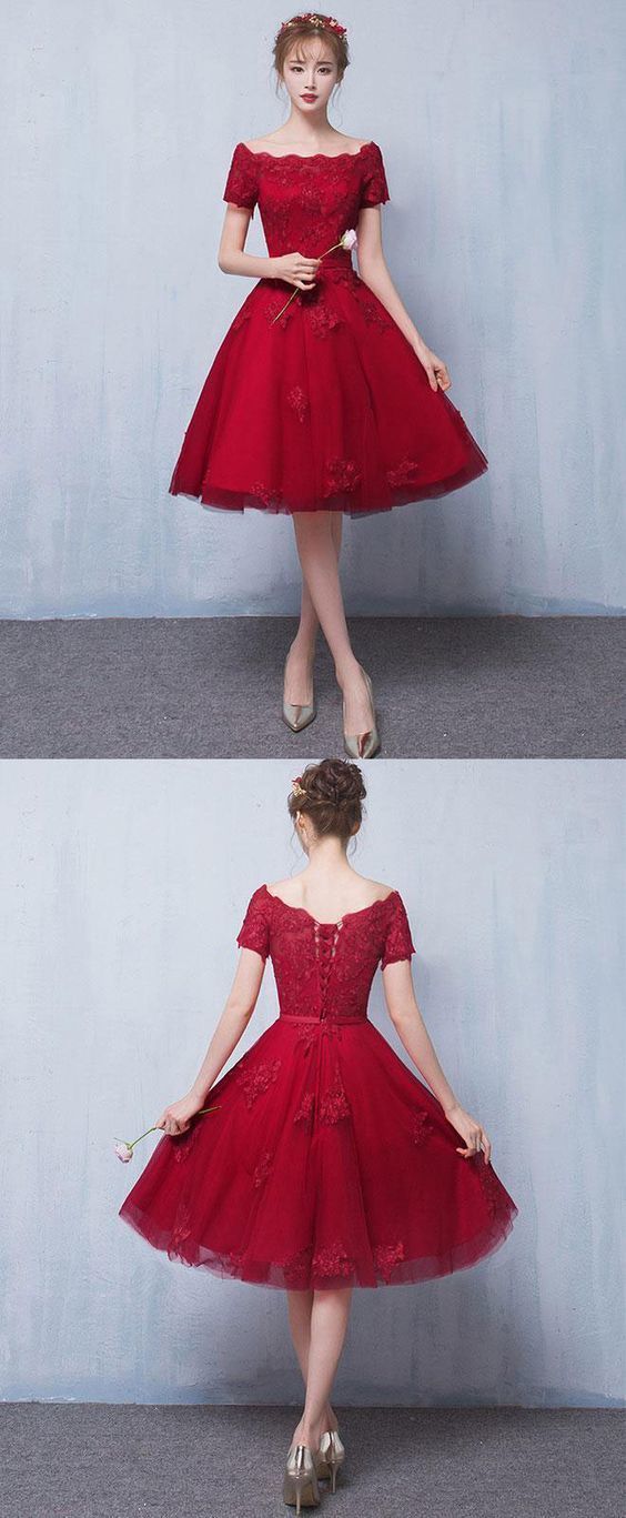 Burgundy tulle lace short dress, burgundy lace homecoming dress cg822