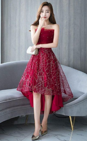 Burgundy tulle lace short dress, burgundy lace homecoming dress cg824