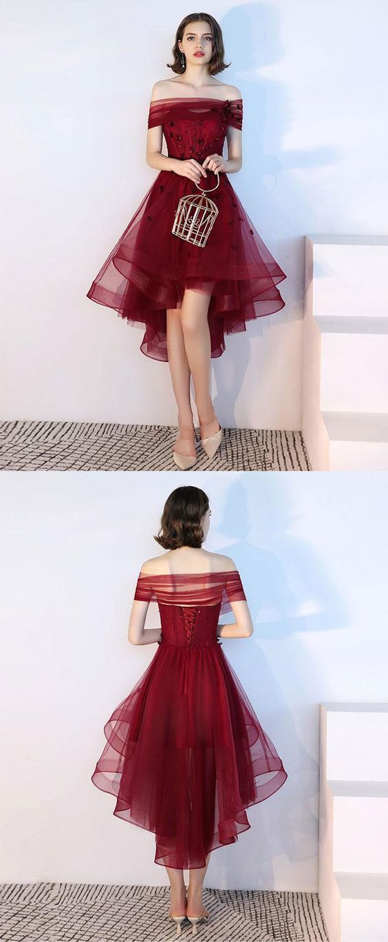 Burgundy tulle lace short dress, burgundy tulle evening homecoming dress cg826