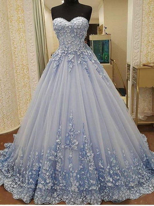 Gorgeous Ball Gown Sweetheart Light Blue Lace Long Prom Dresses with Appliques, Luxurious Quinceanera Dresses cg848