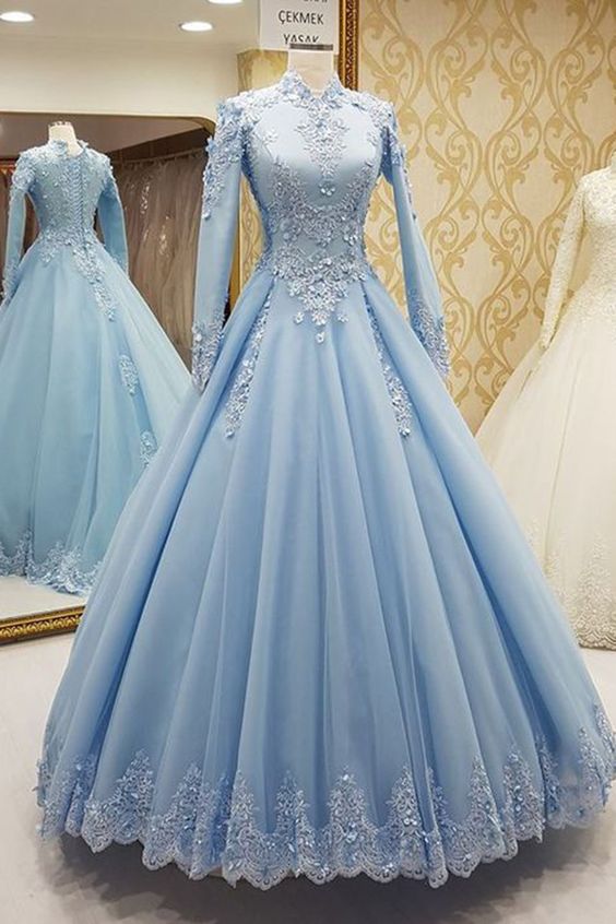 Blue tulle high neck customize formal evening dress with long sleeves cg849