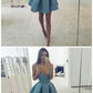 A-Line Deep V-Neck Sleeveless blue Satin Short homecoming Dress cg861