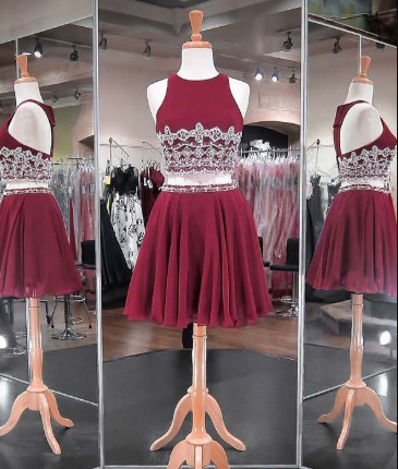 Two Piece Homecoming Dresses Beadings Chiffon Skirt Fashion Style Short party Gowns cg878