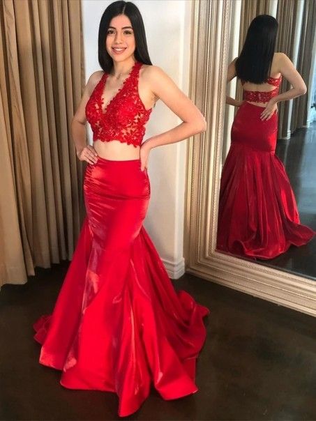 Long Red Two Pieces Lace Prom Dresses Formal Evening Gowns  cg9146