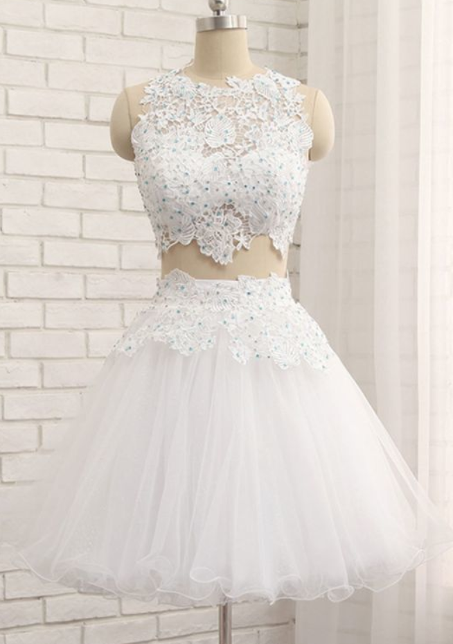 White Tulle Short Two Pieces Homecoming Dress, Lace  Dress cg931