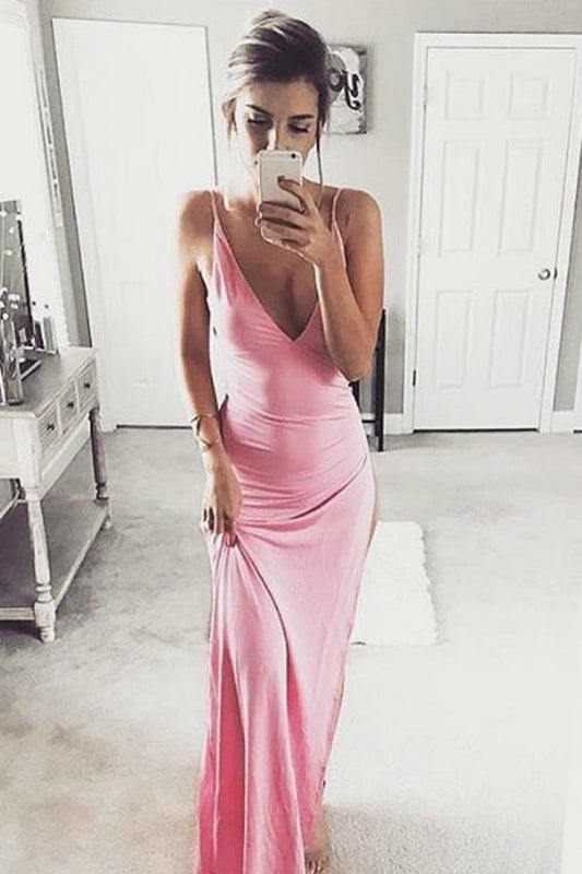 Sexy Spaghetti Straps Long Prom Dress, Simple V Neck Pink Evening Dress  cg9493
