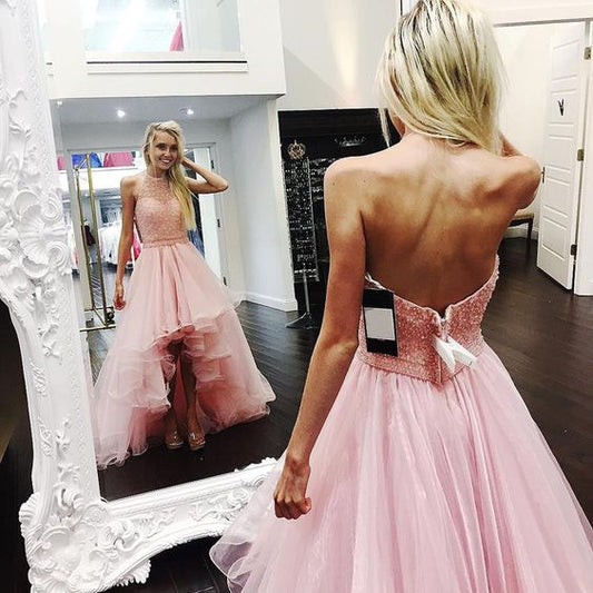 Pink Tulle Beaded Bodice Prom Dresses Halter Backless High Low Party Dresses Teens Girls Evening Dresses Formal Gowns  cg9522