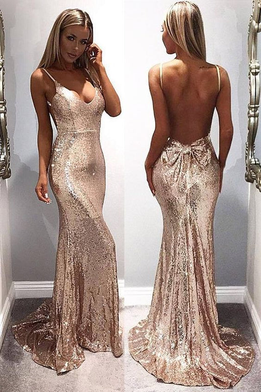 rose gold evening dresses long v neck mermaid sexy sparkly modest women evening prom gown 2021  cg9550