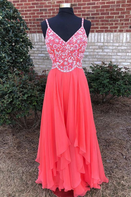 Sexy Spaghetti Straps A Line Prom Dress Embroidery Watermelon Tiered Long Prom Dresses   cg9574