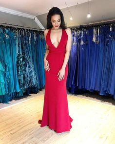 Mermaid Long Evening Party Dress, Sexy Deep V neck Red Prom Dress   cg9594