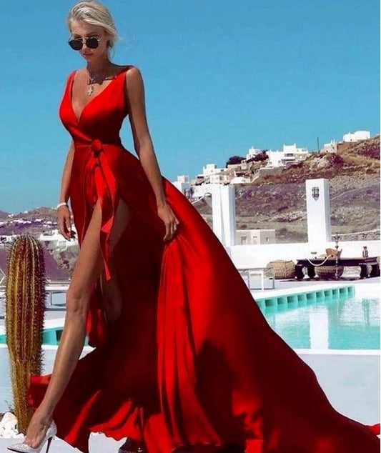 2020 Sexy Deep V Neck Sleeveless Solid Color Maxi High Split Lace up Party prom Dress  cg9655