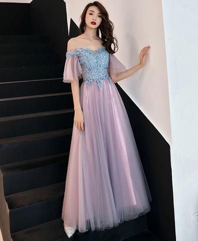 Pink Tulle Lace Long Prom Dress, Pink Tulle Lace Bridesmaid Dress   cg9667