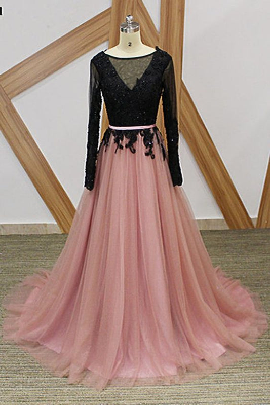 Pink Tulle Black Lace Long Formal Prom Dress, Long Sleeve Evening Dress   cg9682
