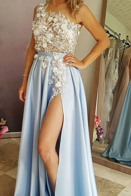 blue sleeveless one shoulder full length evening dresses party dresses white applique flower lace prom dress with satin   cg9690
