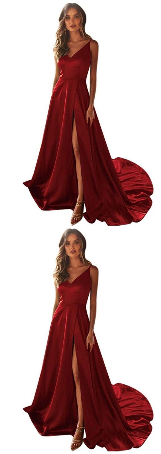 Satin Burgundy Prom Dress with Split, A-Line V-Neck Long Prom Dresses   cg9696
