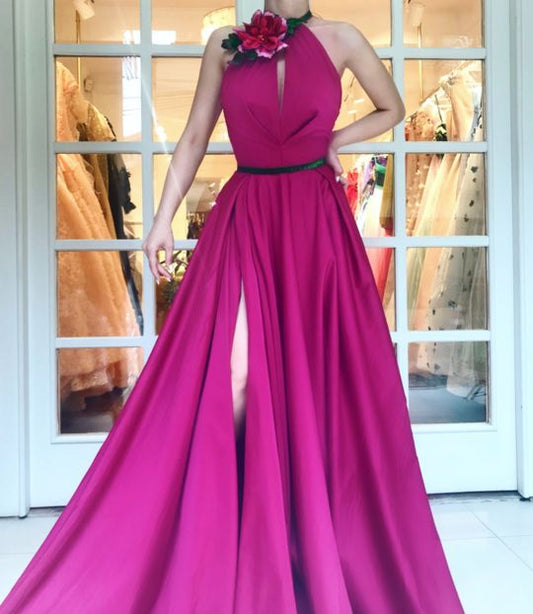 Charming Sexy High Slit Prom Dress,Halter A Line Prom Dress , Floor Length 3D Flower Evening Dress,Custom Made Formal Gowns  cg9701
