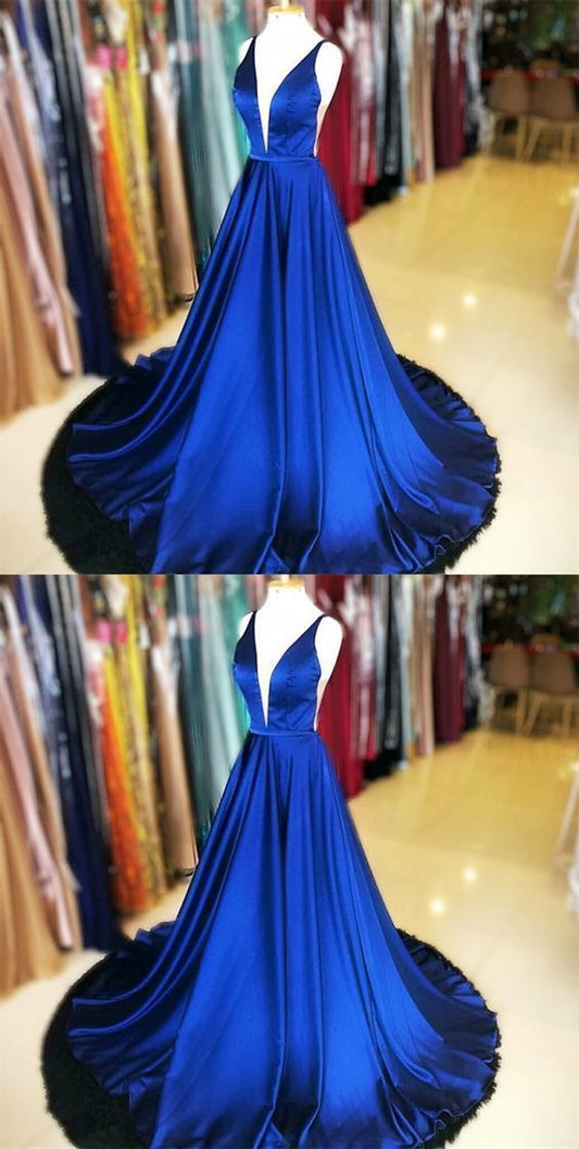 Charming V neck Simple Evening Dress with Sleeveless, Sexy Sweep Train Long Prom Dress  cg9714