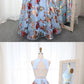 Beautiful Pretty Two Piece Round Neck Blue Floral Organza Prom Dress cg976
