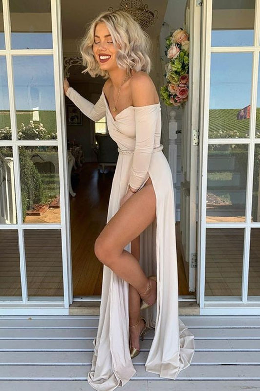 Off Shoulder Beige Prom Dress with Long Sleeves 2020   cg9854