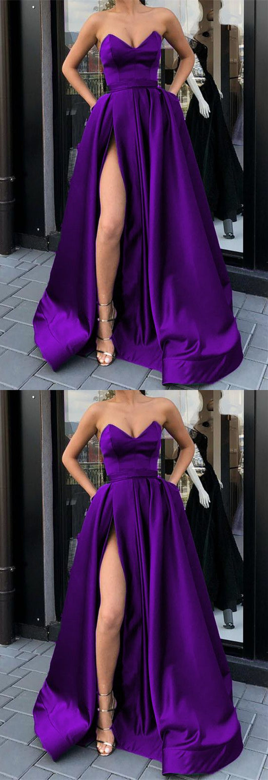 purple satin strapless prom dresses with pockets   cg9905